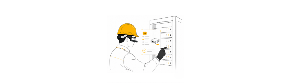 Technician wearing AR smart glasses and a safety helmet while servicing a server rack. Augmented reality displays step-by-step instructions and equipment information to support hands-free maintenance, accurate device identification, and faster IT infrastructure service.