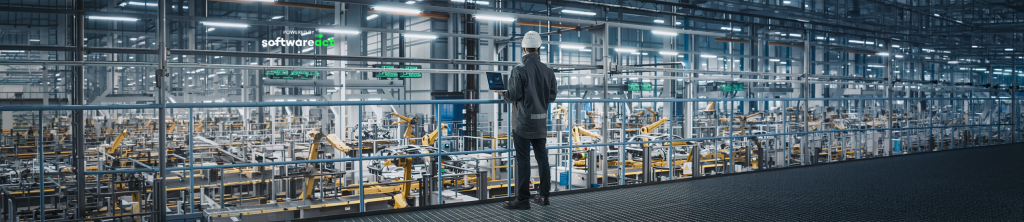 Engineer monitoring an automated manufacturing facility with digital production systems, machinery and industrial equipment operating on the factory floor.
